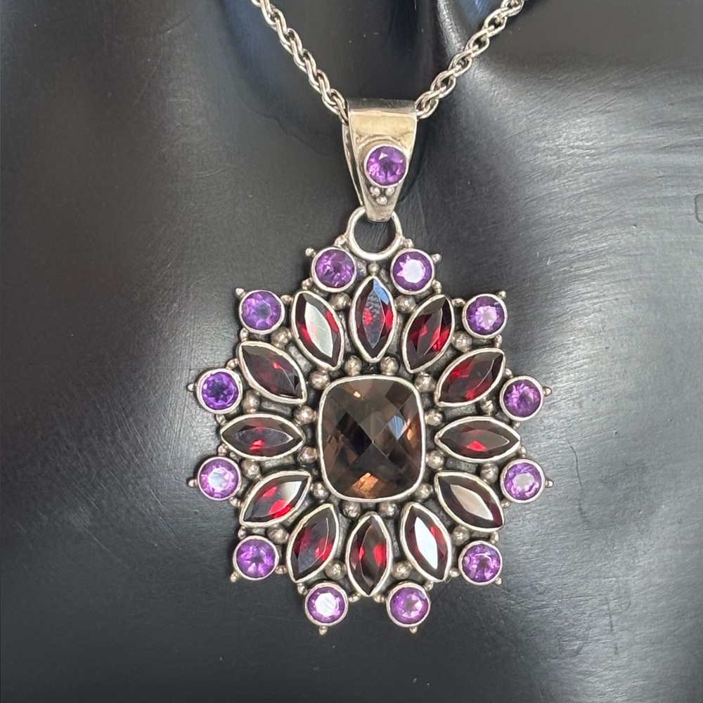 Doug Paulus Vintage Smoky Quartz , Garnet & Amethyst Sterling Pendant